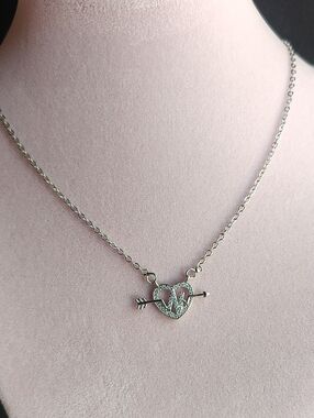 Silver Heart and Arrow Pendant Necklace with Pavé Accents - Silver Tone. L-N
